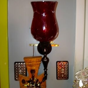 Ruby Red Decorative Crackle Glass Heavy Vase Gunmetal Sconce Rim Made In India